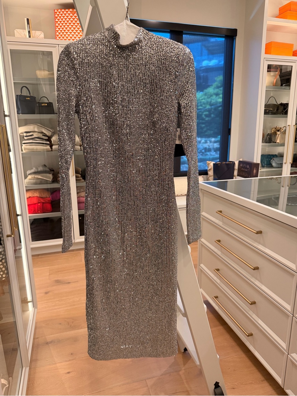 Rebecca Vallance Silver Long-Sleeve Sequin Midi Dress